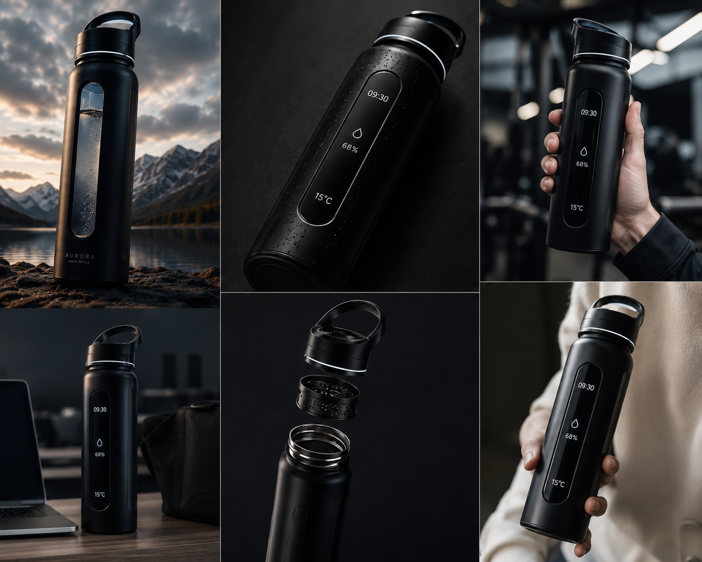 AURORA bottle shown in six detail and lifestyle views