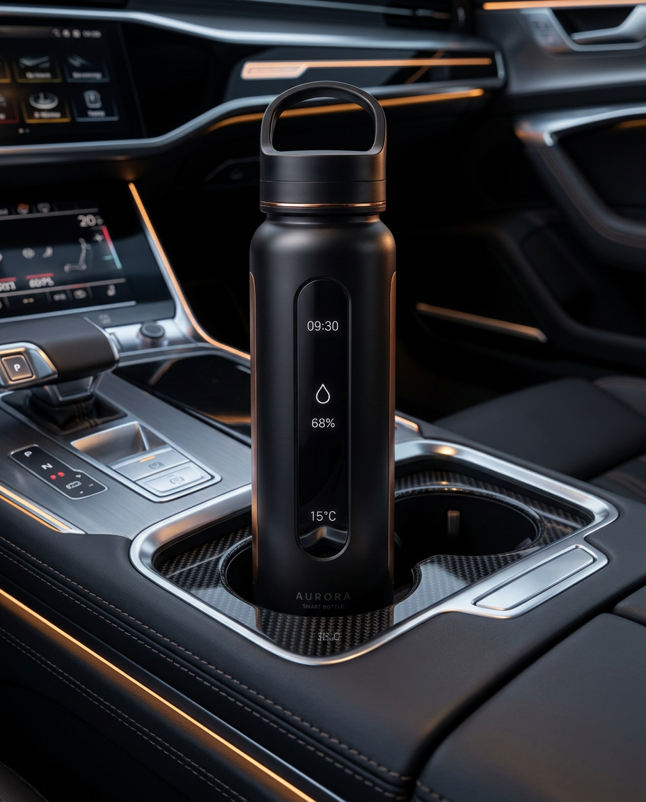 AURORA bottle in a car cup holder