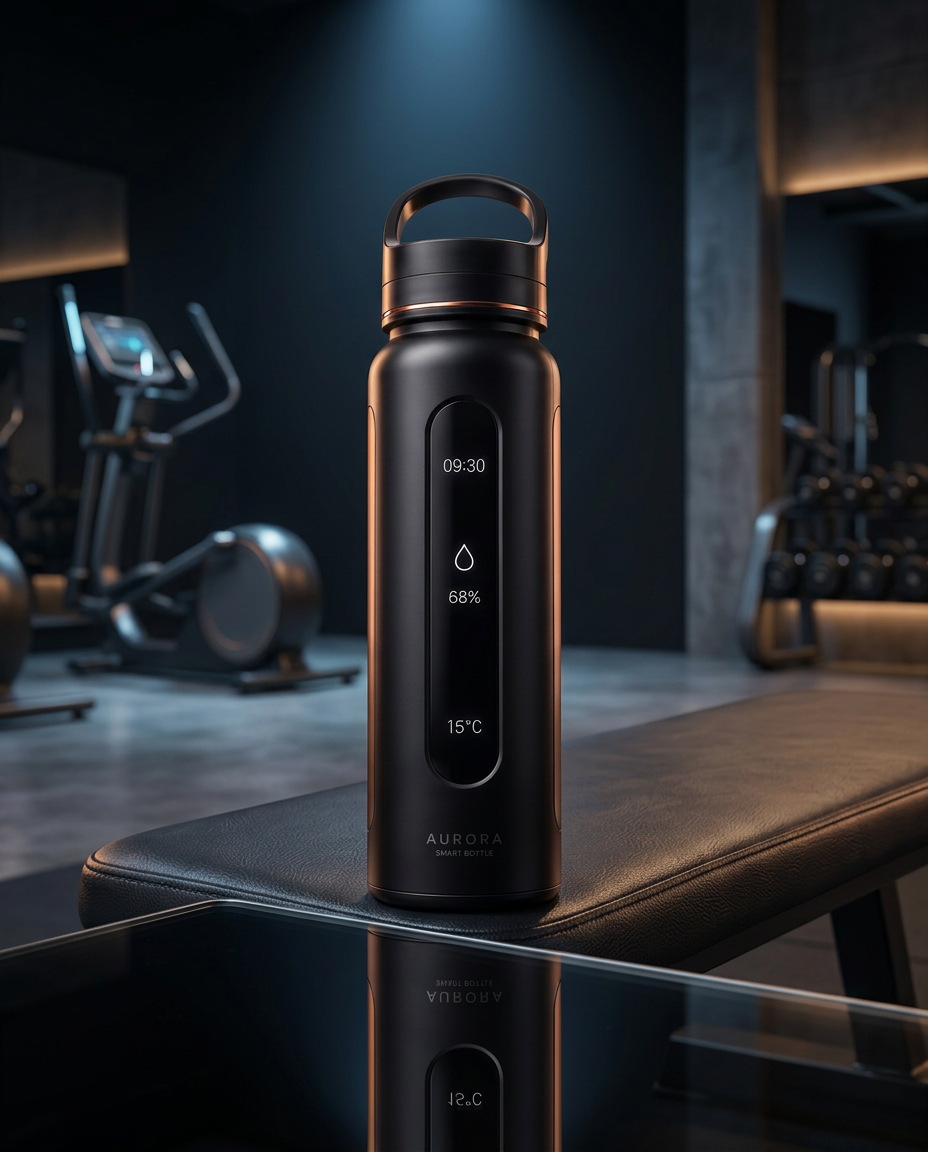 AURORA bottle on a bench in a modern gym