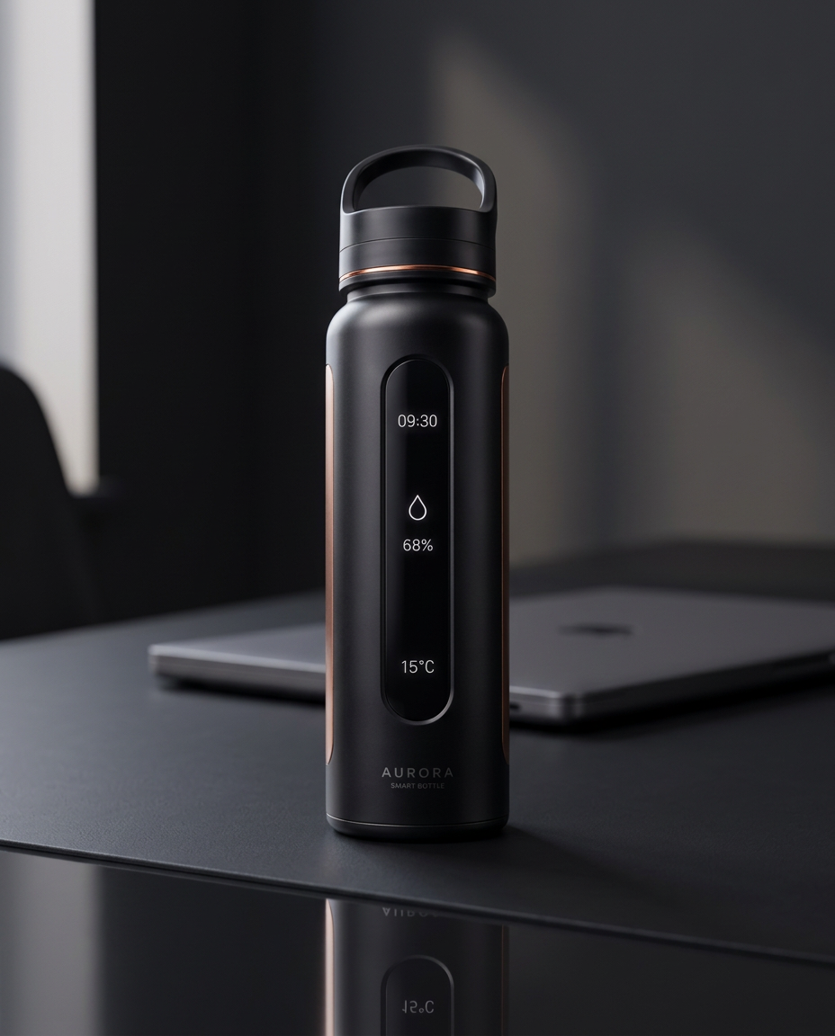 AURORA bottle on a bright office desk
