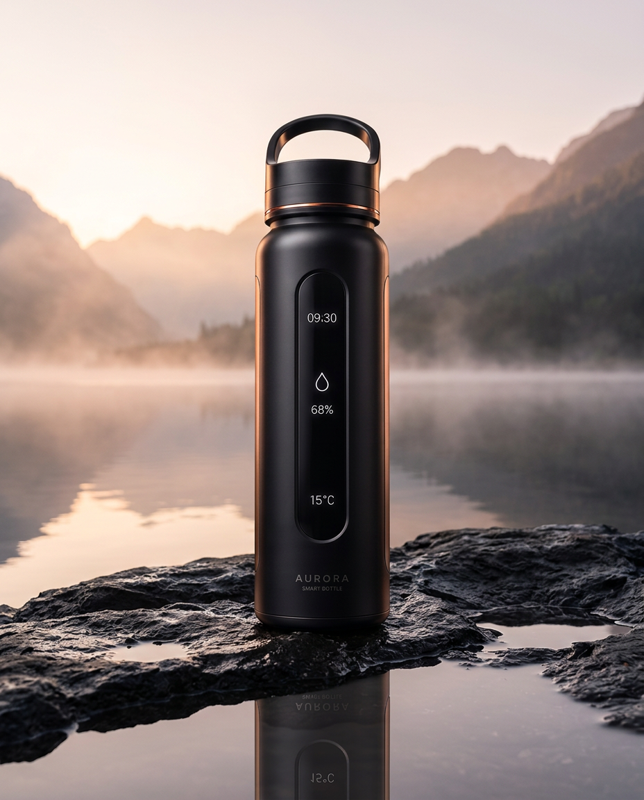 AURORA bottle held on a mountain trail at dawn