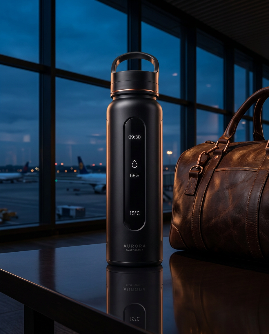 AURORA bottle beside a travel bag in an airport